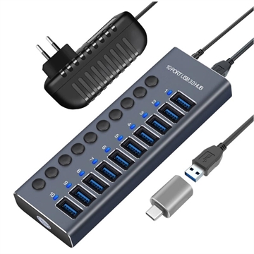 10-portars USB 3.0 Hub med individuella strömbrytare - Grå