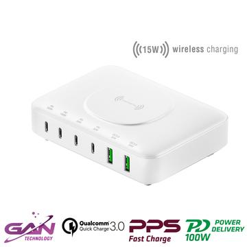 4smarts 7-i-1 GaN-laddningsstation - 100W, 4x USB-C, 2x USB-A - Vit