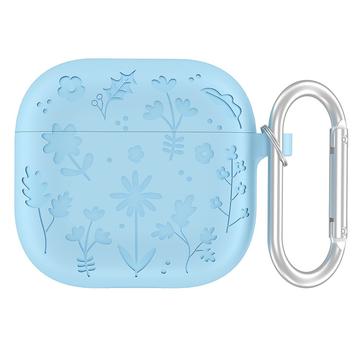 AirPods 4 Fodral i flytande silikon med karbinhake och blommönster - Baby Blue