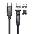 E7 3-i-1magnetisk kabel med 540 graders rotation - USB-C, Lightning, MicroUSB - 1m - Svart