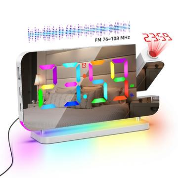 EN8853-C Färgglad LED-väckarklocka med tidsprojektion och FM-radio - Vit