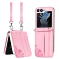 Samsung Galaxy Z Flip5 Floral Print Skal med Rem - Rosa