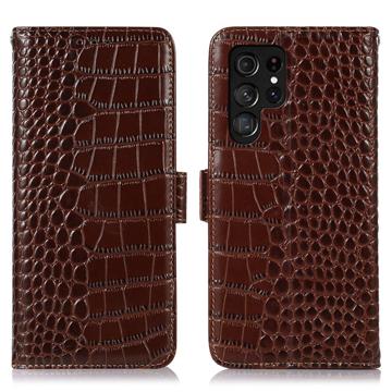 Crocodile Serie Samsung Galaxy S23 Ultra 5G Läder Plånboksfodral med RFID - Brun