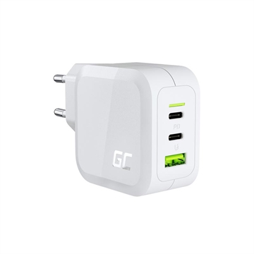 Green Cell GC PowerGaN 65W laddare - 2x USB-C strömförsörjning & 1x USB-A, Quick Charge 3.0-kompatibel - Vit