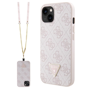 iPhone 15 Guess 4G Strass Triangle Metal Logo Skal med Crossbody-rem - Rosa