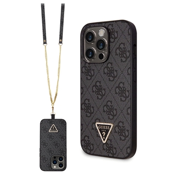 iPhone 15 Pro Max Guess 4G Strass Triangle Metal Logo Skal med Crossbody-rem - Svart