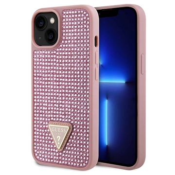 iPhone 15 Guess Rhinestones Triangle Metal Logo Skal - Rosa