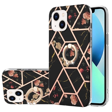 iPhone 15 Marble Pattern IMD TPU-skal med Ringhållare - Svart