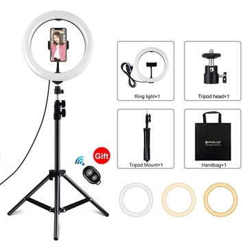 PULUZ PKT3069B 1.1m stativmontering + 10.2" 26cm dimbar USB LED-ringljus med dubbla färgtemperaturer Selfie-fotografering Video Fill Light med telefonklämma och selfie-fjärrkontroll