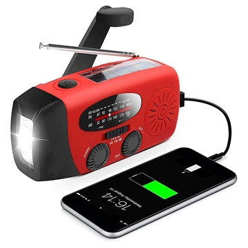 Bärbar Handvev Solradio med LED-Ficklampa, Powerbank Funktion - Röd