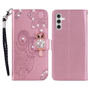 Samsung Galaxy S23 FE Plånboksfodral med uggla och strass - Rose Gold