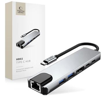 Tech-Protect HB02 6-i-1 USB-C-hubbadapter med USB 2.0, USB 3.0, HDMI 4K 30Hz, RJ45 Ethernet och USB-C 100W PD - rymdgrå