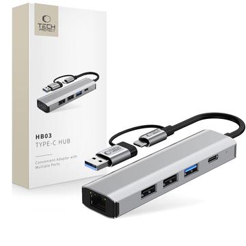 Tech-Protect HB03 5-i-1 USB-C-hubbadapter med USB 2.0, USB 3.0, RJ45 Ethernet och typ-C - rymdgrå