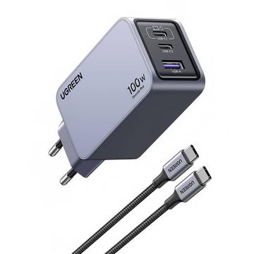 Ugreen X757 Nexode Pro 3-portars GaN PD snabbladdare med USB-C-kabel - 100W - Grå