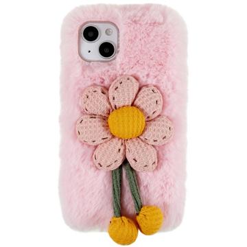 3D Plush Furry Winter iPhone 14 Plus TPU Skal - Rosa Blomma