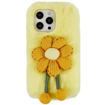 3D Plush Furry Winter iPhone 14 Pro TPU Skal - Gul Blomma