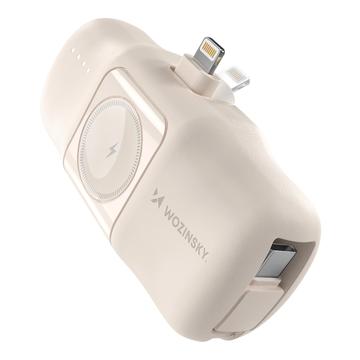 Wozinsky WF16-YLS 5000mAh Lightning Power Bank med inbyggd USB-C-kabel och Apple Watch-laddare - 15W - Beige