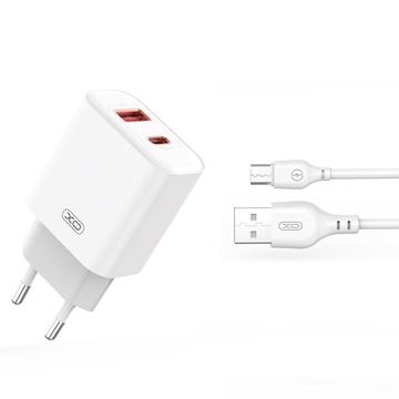 XO CE12 Snabb väggladdare med MicroUSB-kabel - 20W, QC, PD - Vit