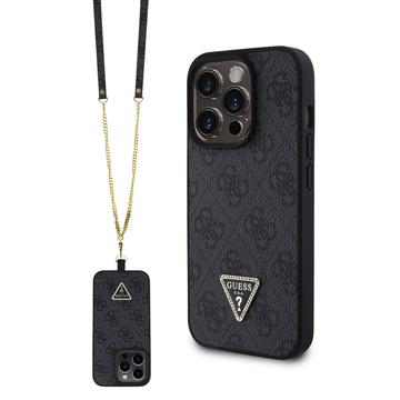 iPhone 15 Pro Guess 4G Strass Triangle Metal Logo Skal med Crossbody-rem - Svart