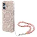 iPhone 16 Guess IML Flowers Allover Electro skal med pärlband - MagSafe-kompatibel - Rosa