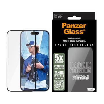 iPhone 16/15 PanzerGlass Ceramic Protection Ultra-Wide Fit EasyAligner-skärmskydd - 9H - Svart kant