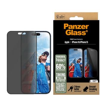 iPhone 16/15 PanzerGlass Ultra-Wide Fit Privacy EasyAligner Skärmskydd - 9H - Svart Kant