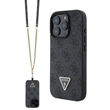 iPhone 16 Pro Guess 4G Strass Triangle Metal Logo Skal med Crossbody-rem - Svart