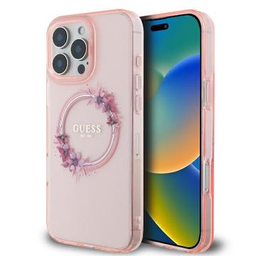 iPhone 16 Pro Guess IML Flowers Wreath Skal - MagSafe-kompatibelt - Rosa