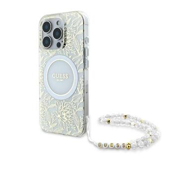 iPhone 16 Pro Max Guess IML Flowers Allover Electro skal med pärlband - MagSafe-kompatibel - Vit